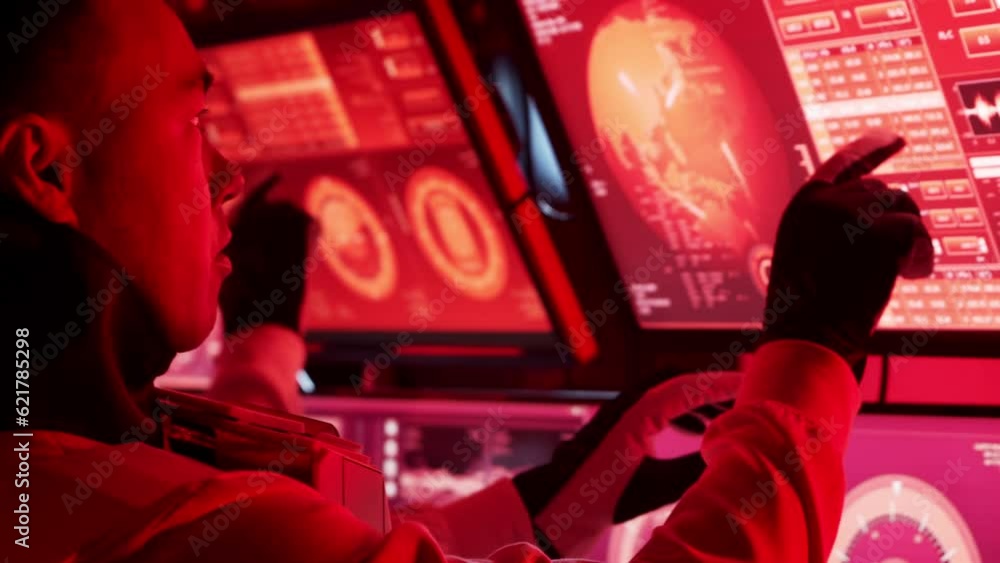 Wall mural team of astronauts in a space suits aboard the mars station. a crew of cosmonauts piloting the space