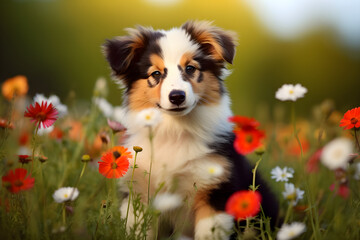 portrait of a puppy in the field flowers meadow