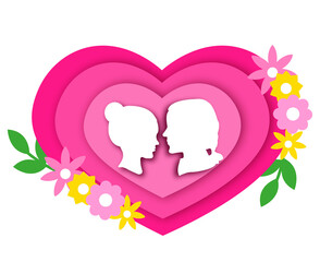 Corazón con madre e hija dentro de el, rodeado de flores sin fondo