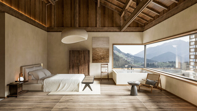 3d render wabi sabi bedroom interior design