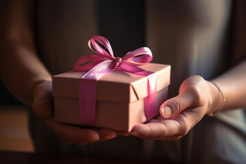 Gift box tie with pink ribbon are given for celebrate for birthday, mother's day ,Father's day, valentine day, Generative AI