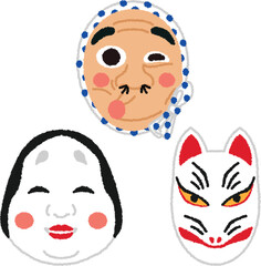 お面（ひょっとこ・おかめ・狐）のイラスト