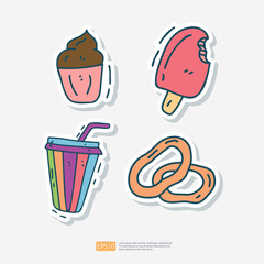 ice cream or cup cake, popsicle ice lolly, iced coffee cup, onion ring fries doodle icon. Fast food Cute doodle. Cuisine and drink Sticker Set Vector Illustration
