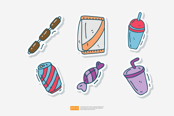 beef sausage, potato chips package, Taiwanese bubble milk tea, cola soda, sweet candy, cold drink cup doodle icon. Fast food Cute doodle. Cuisine and drink Sticker Set Vector Illustration