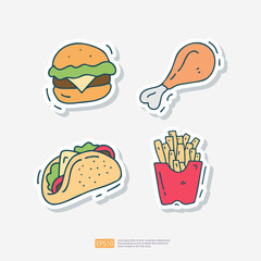 cheese burger bun, fried chicken, tortilla taco, potato french fries doodle icon. Fast food Cute doodle. Cuisine and drink Sticker Set Vector Illustration