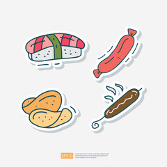 fish sushi, beef sausage, salty potato chips, grill sausage doodle icon. Fast food Cute doodle. Cuisine and drink Sticker Set Vector Illustration