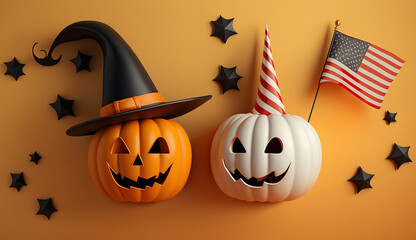 Pumpkins with carved funny face on orange background, jack-o-lantern . Halloween holiday concept, Generative AI