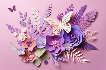 dusty pink Paper flowers and butterfly on a beige background. papercraft. Selective focus.