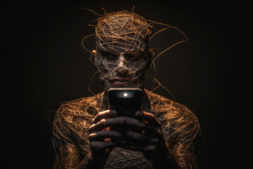 Man engrossed in his mobile phone, while his head is entangled with a chaotic web of wires. Social media addiction Concept and excessive mobile phone usage illustration. Ai generated - obrazy, fototapety, plakaty