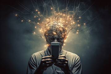 Man engrossed in his mobile phone, while his head is entangled with a chaotic web of wires. Social media addiction Concept and excessive mobile phone usage illustration. Ai generated