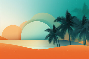 Fototapeta na wymiar Summer illustration featuring a vibrant background adorned with flat design vector style elements. From palm trees swaying in the gentle breeze to playful waves and dreamy skies. Ai generated