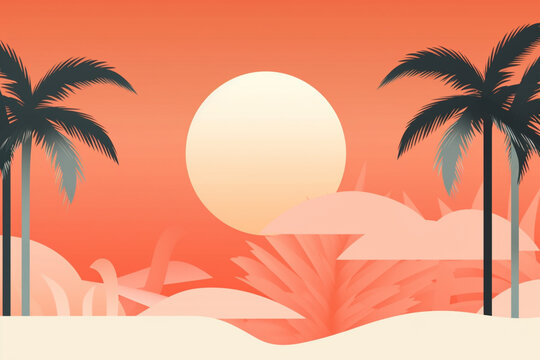 Summer illustration featuring a vibrant background adorned with flat design vector style elements. From palm trees swaying in the gentle breeze to playful waves and dreamy skies. Ai generated