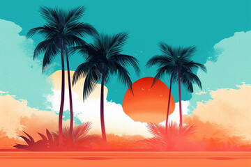 Fototapeta na wymiar Summer illustration featuring a vibrant background adorned with flat design vector style elements. From palm trees swaying in the gentle breeze to playful waves and dreamy skies. Ai generated