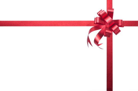 Top view red ribbon with bow isolated on white background.