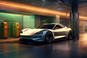 Plakat Futuristic electric car parked in a modern, underground, and futuristic parking facility. Ai generated