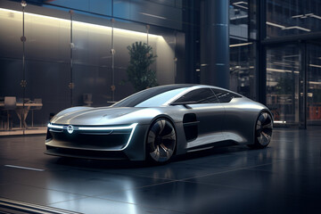 Obraz premium Futuristic electric car parked in a modern, underground, and futuristic parking facility. Ai generated