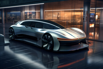 Fototapeta na wymiar Futuristic electric car parked in a modern, underground, and futuristic parking facility. Ai generated