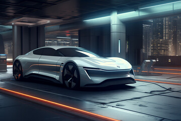 Obraz na płótnie Canvas Futuristic electric car parked in a modern, underground, and futuristic parking facility. Ai generated