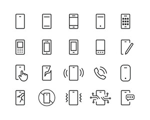 Smartphone services line icon set. Mobile phone linear icons. Mobile technology outline vector sign collection. repair protection problemseditable stroke isolated on white, Component, apps