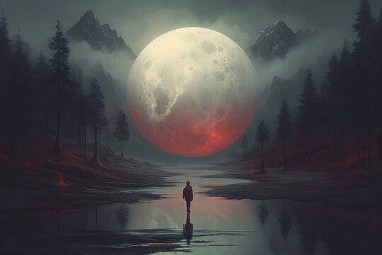 A mountain landscape, a planet and a lonely person. Fantasy illustration. Generative AI.