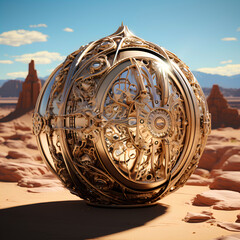 Fototapeta na wymiar A sphere decorated with metallic ornaments in the desert