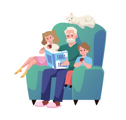 Bearded grandfather sits in big armchair with children and reads fairy tale flat style