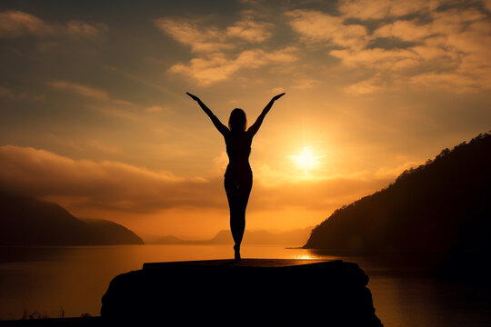 Illustration depicting a woman gracefully practicing yoga on a majestic mountain at sunset. Woman asana position on a mountain top. Ai generated