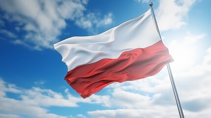 Naklejka na ściany i meble Polish flag waving in the wind on blue sky background with sun flare. Big Flag of Poland on a sunny beautiful bright summer day. Republic of Poland flag waving in the wind. .