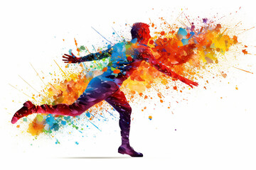 Running man silhouette crafted entirely from vibrant and colorful triangles and a splash of colors, creating a dynamic prism effect against a clean white background. Ai generated