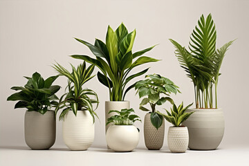 Collection of beautiful plants in ceramic pots isolated 