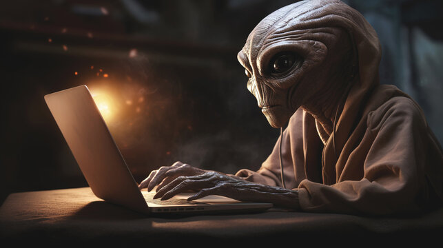 The alien is working on a laptop close-up. AI generation