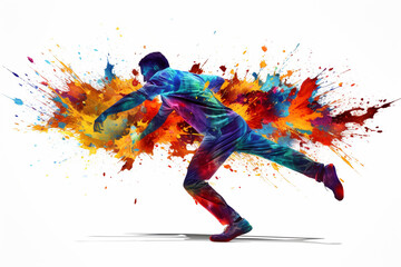 Fototapeta na wymiar Running man silhouette crafted entirely from vibrant and colorful triangles and a splash of colors, creating a dynamic prism effect against a clean white background. Ai generated