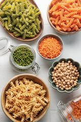 A variety of fusilli pasta from different types of legumes. Gluten-free pasta.