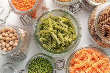 A variety of fusilli pasta from different types of legumes. Gluten-free pasta.