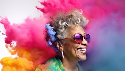 Happy black old woman smiling in a cloud of colorful smoke, color explosion, holi, age-positivity, against ageism, having fun, over 50, colors, party, peace, inclusive, freedom. Generative AI.