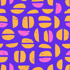 Abstract seamless pattern with bright shapes on a purple background. Ornament for fabric, packaging
