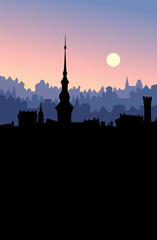 Naklejka premium Vector drawing. Medieval cathedral in the center of the city square