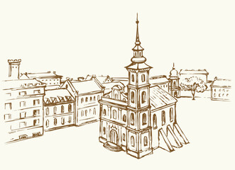 Vector drawing. Medieval cathedral in the center of the city square © Marina