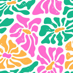 Naklejka premium Abstract seamless pattern with colors. Hippie style of the 70s. Summer ornament for fabric or packaging