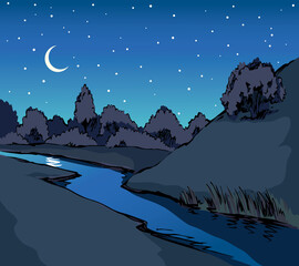 Obraz premium Vector drawing. Summer river scene