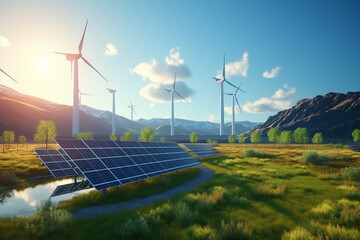 Solar panels and wind turbines illustration, symbolizing the renewable energy revolution and our collective commitment to a greener and cleaner world. Ai generated