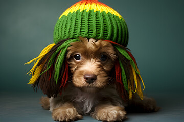 portrait of puppy wearing Rasta hat