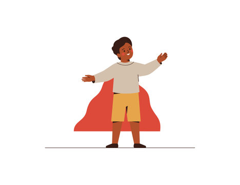 Small boy in superhero flying cape. Preschool child stands with open arms in superman costume. African american pupil in comic cloth for some holiday. Success and talented kids. Vector illustration