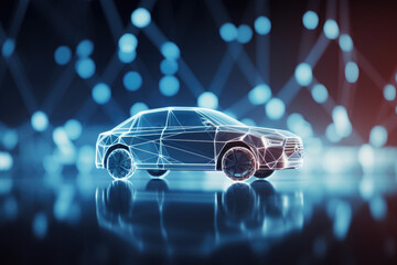 blue car made of an abstract polygon network - blue blurred glowing network in the background - connectivitiy of cars - data management - autonomous cars - generative ai