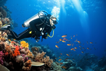 Scuba diving man exploring a breathtaking coral reef teeming with vibrant marine life, offering a captivating glimpse into the rich biodiversity and beauty of the ocean. Ai generated