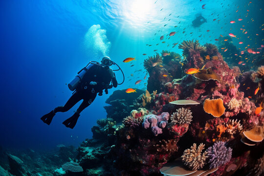 Scuba diving man exploring a breathtaking coral reef teeming with vibrant marine life, offering a captivating glimpse into the rich biodiversity and beauty of the ocean. Ai generated