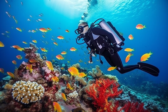 Scuba diving man exploring a breathtaking coral reef teeming with vibrant marine life, offering a captivating glimpse into the rich biodiversity and beauty of the ocean. Ai generated