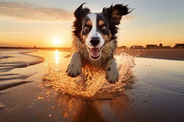 Wet dog running freely on a beach during a mesmerizing sunset. playful spirit of our furry friends as they revel in the refreshing waters and golden hues of a sunset. Ai generated