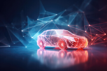 red car made of an abstract polygon network - blue blurred glowing network in the background - connectivitiy of cars - data management - autonomous cars - generative ai
