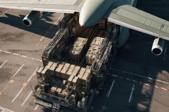 Top view of a transport aircraft in the cargo terminal of the airport. Crates and containers are ready to be loaded onto a cargo plane. Global freight transport and logistics concept. 3D illustration.